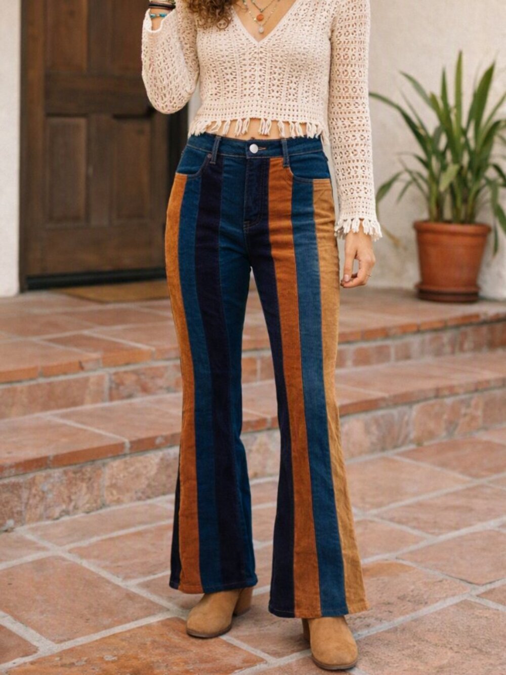 High-Waist Striped Flare Jeans in Blue, Brown & Tan